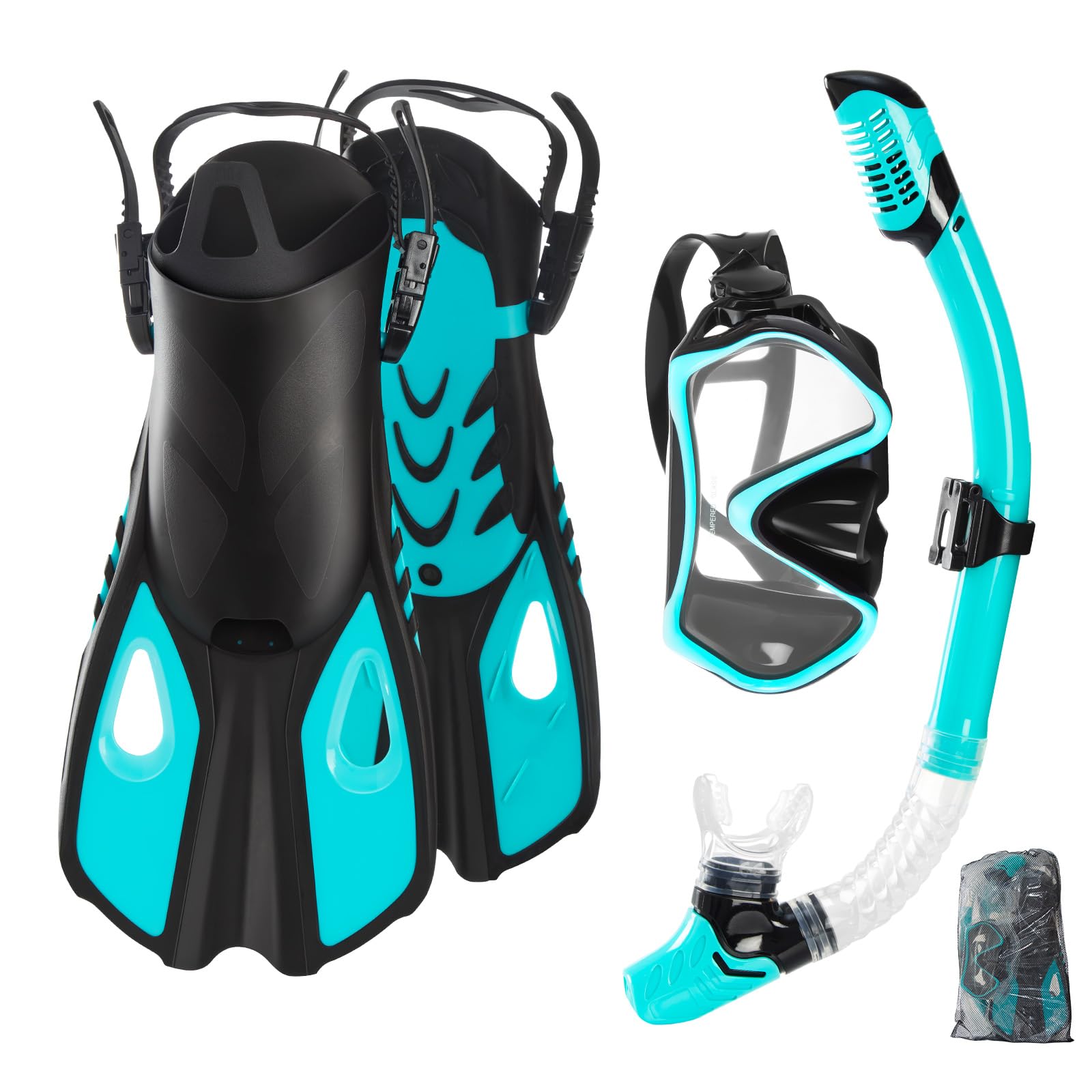 Snorkel Set Adults with Flippers, Snorkel Mask with Adjustable Open-Heel Swim Fins, Snorkeling Packages with Carrying Bag for Beginners and Snorkelers for Pool, Beach & Travel (Blue, S/M)