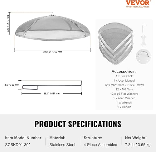 Miniatura 7 de VEVOR Pantalla redonda para fogata de 30 pulgadas, cubierta de metal de acero resistente reforzada, tapa para fogata al aire libre, tapas de