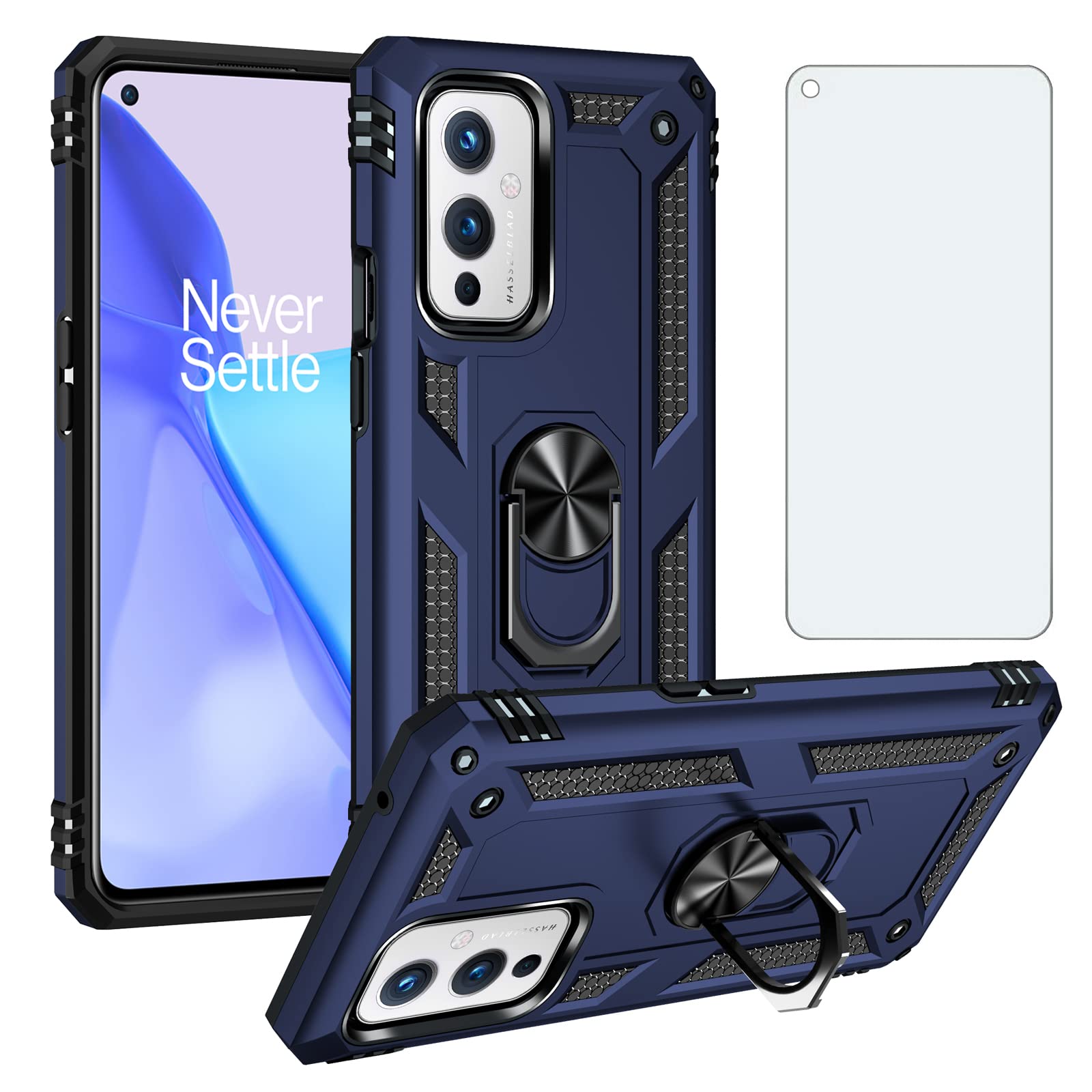 Phone Case for OnePlus 9 OnePlus9 5G with Tempered Glass Screen Protector Cover Magnetic Stand Ring Holder Accessories Heavy Duty Shockproof One Plus9 On 1 Plus 1plus One+ 1+ 1+9 Nine Girls Blue