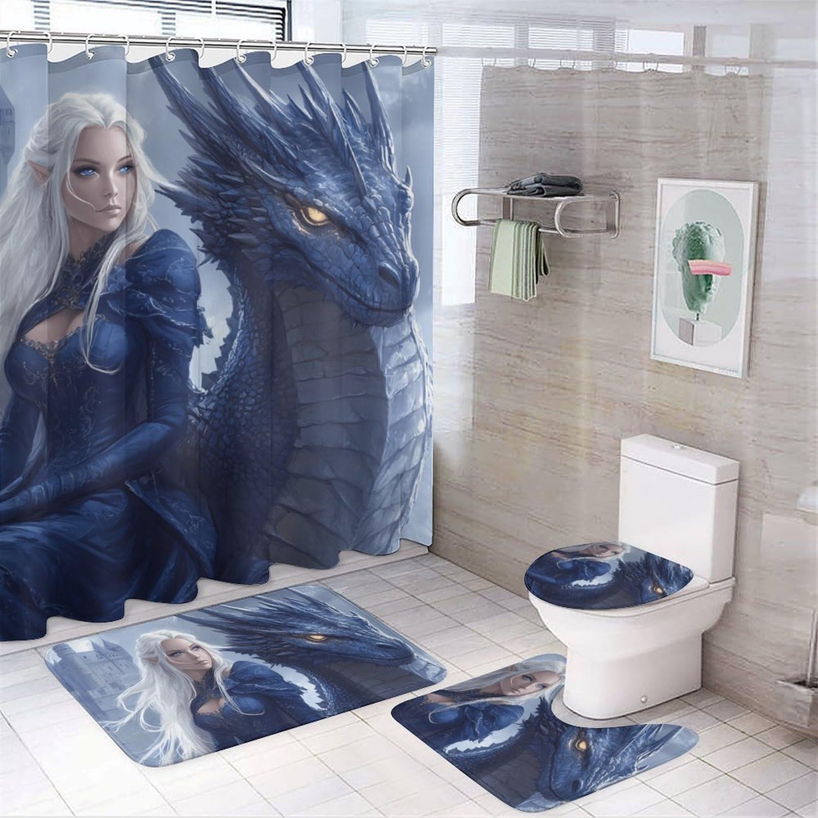 CGSBNGHA Dragon & Castle Shower Curtain Set 4 Piece Bathroom Sets with Rugs Toilet Lid Cover And U-Shaped Floor Mat