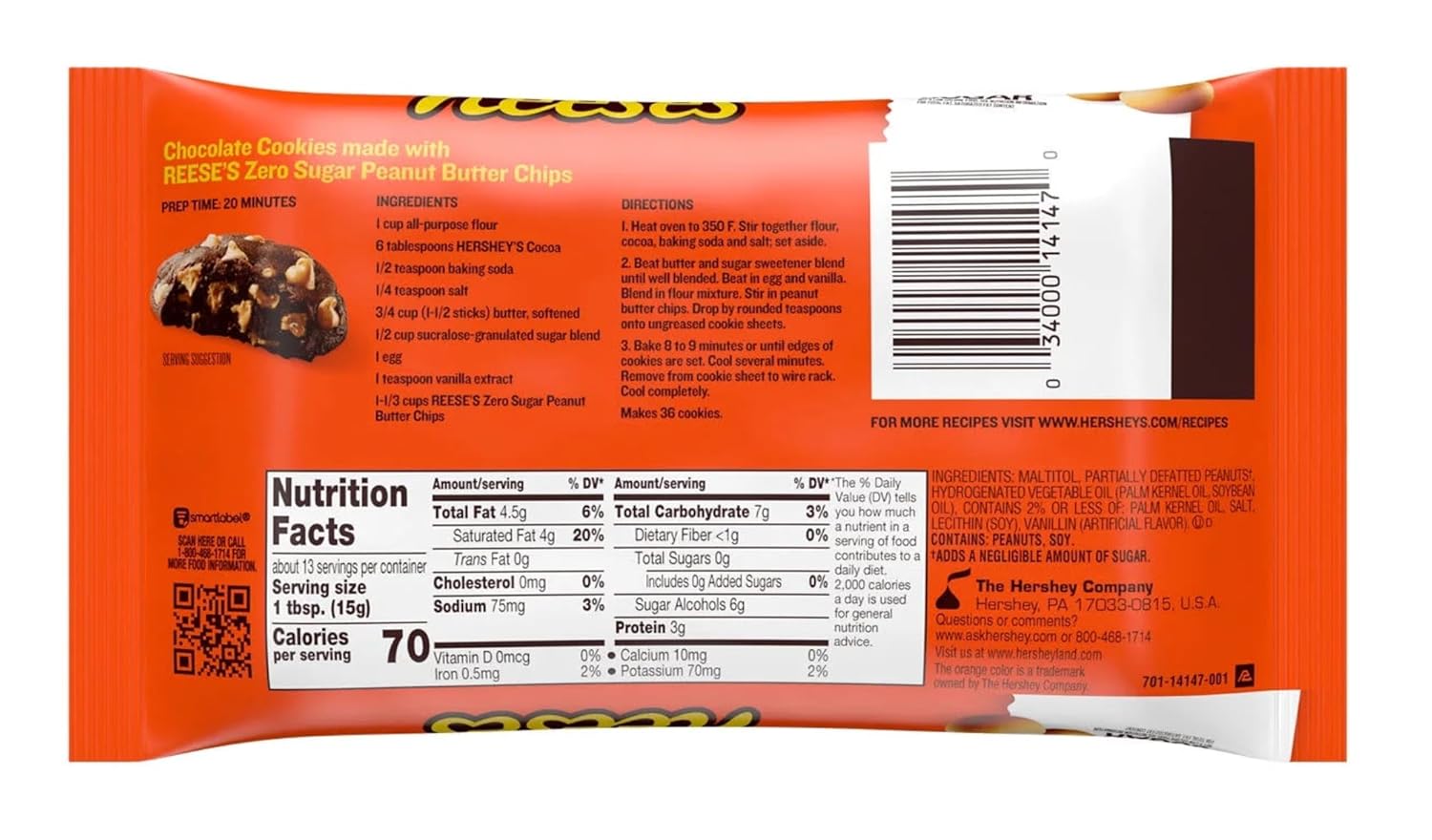 Reese's Zero Sugar Peanut Butter Baking Chips - Pack of 2 - Great for Baking and Making Traditions With Family Around the Holiday Season