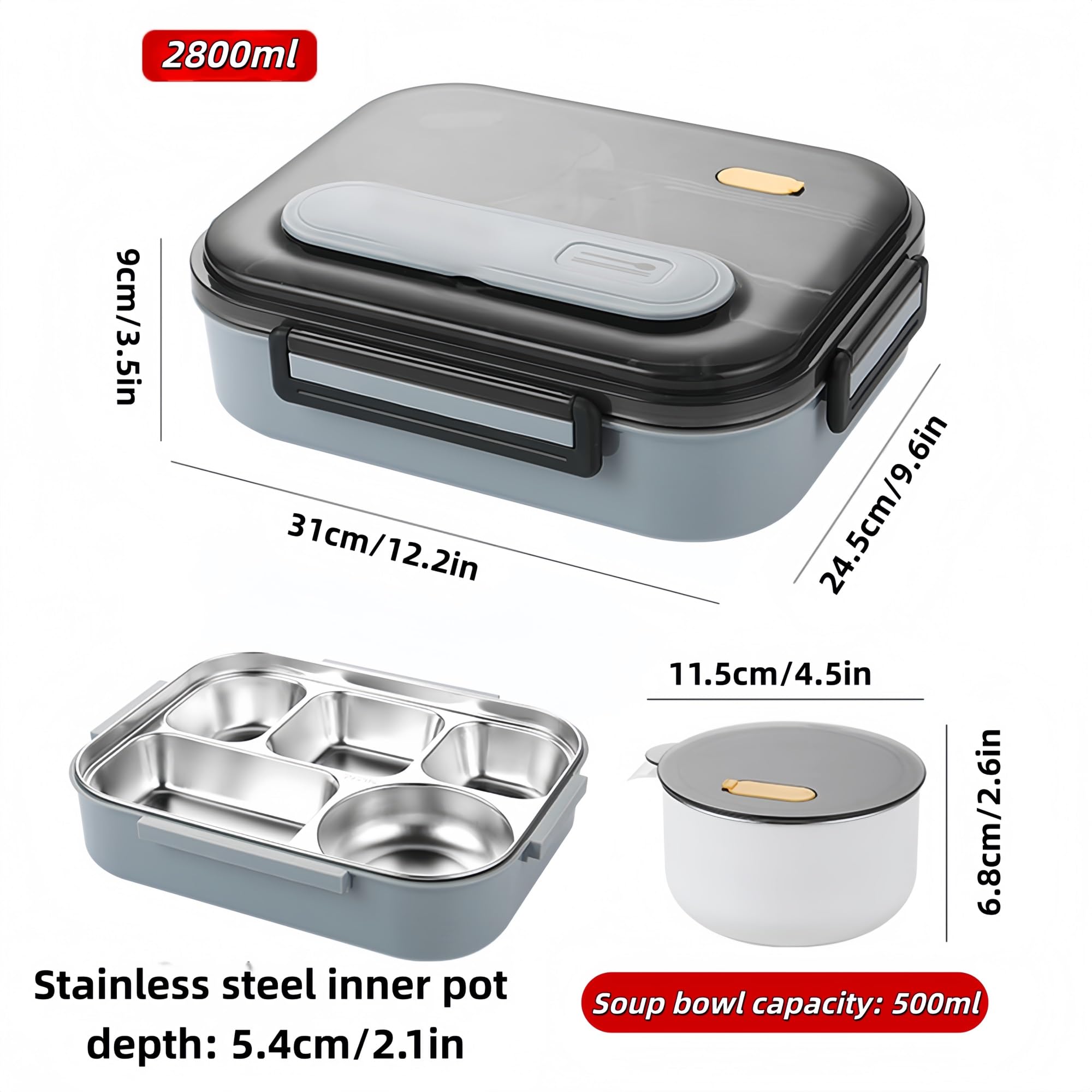 Portapranzo, bento, Acciaio Inox 316 per Uso Alimentare, Riscaldamento ad Acqua, Grande capacità con Scomparti