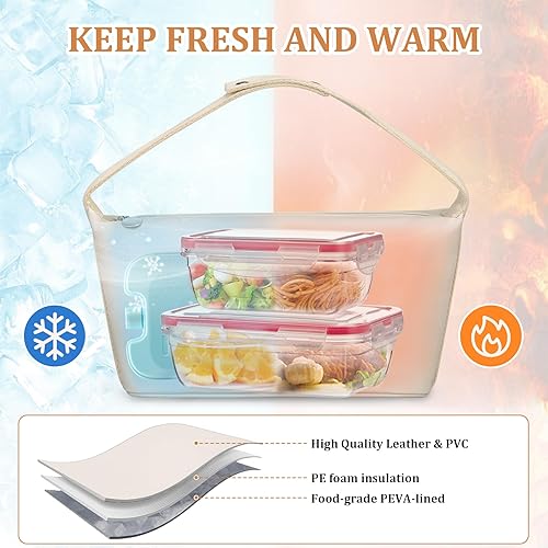 Miniatura 5 de Juego de bolsas de almuerzo para mujer, bolsa de almuerzo aislada de cuero para mujer, con 2 recipientes para lonchera, cuchara y bolsa de hielo, a