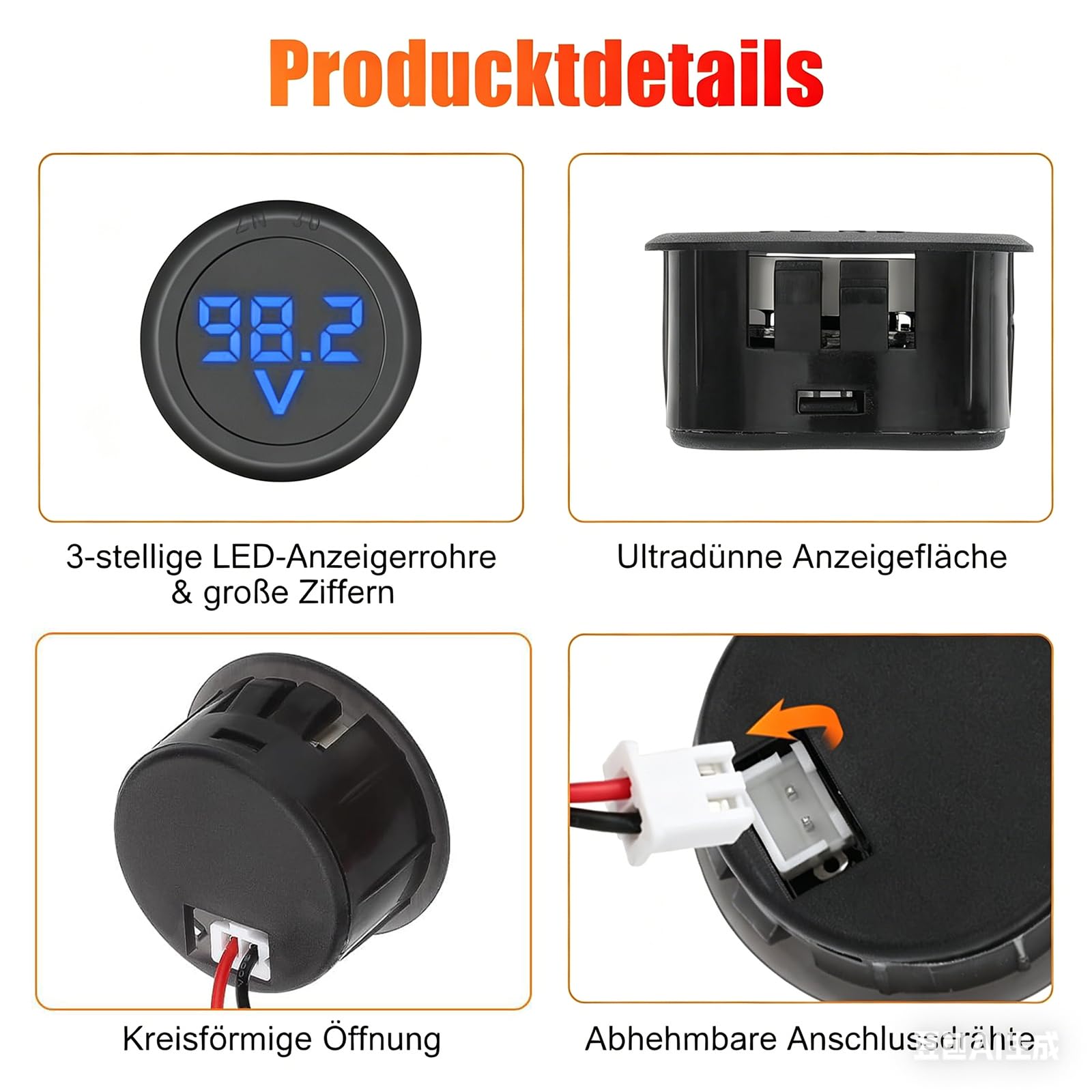Cyfrowy woltomierz LED 4-100 V DC, okrągły miernik napięcia z wyświetlaczem LED, zestaw 3 szt. w kolorze czerwonym, niebieskim, zielonym