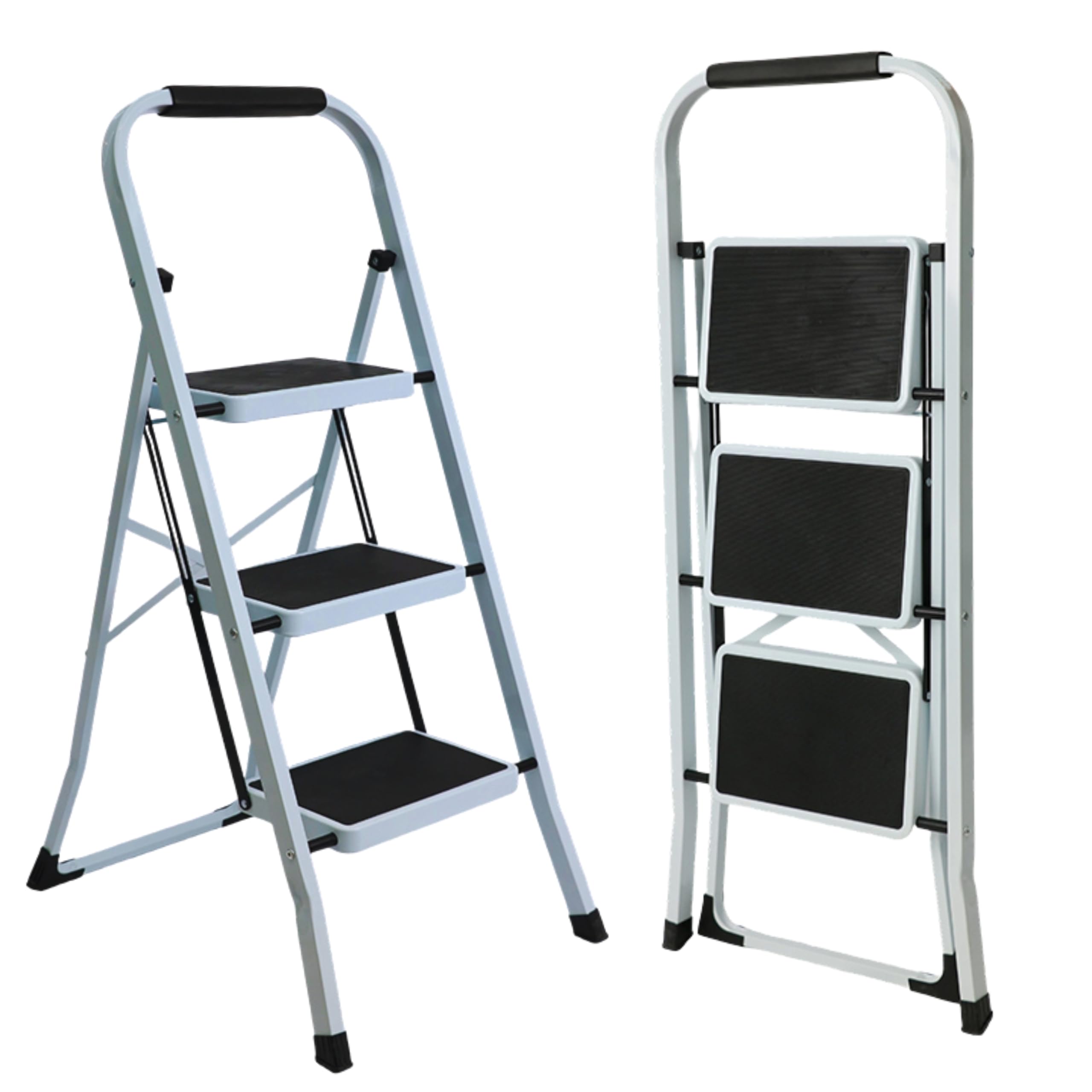 Escalera Plegable, 3 Peldaños, Blanca, Asa Cómoda, Compacta, EN 131