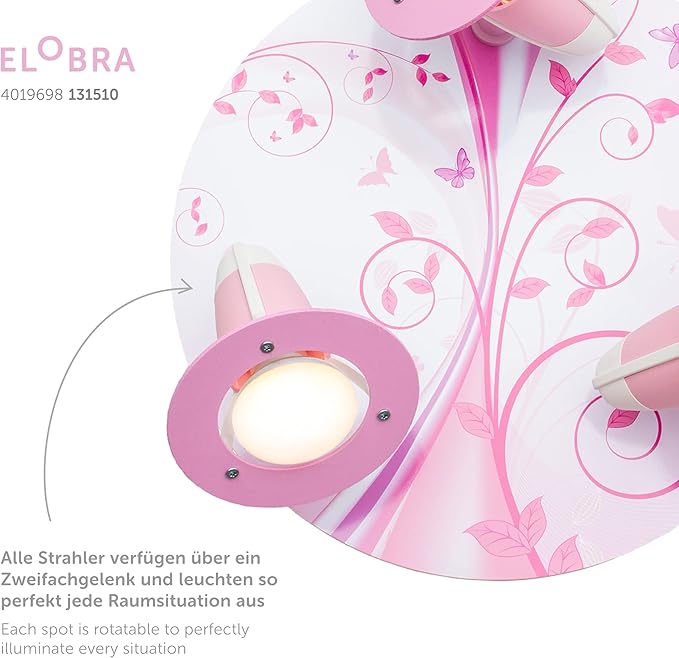 elobra Elobra Plafondlamp Fantasie Kinderkamer Wandlamp Kinderlamp, Vlinder Lamp, Rond met 3 Draaibare Spots, Roze, Meisjes, met E14-fitting photo 3