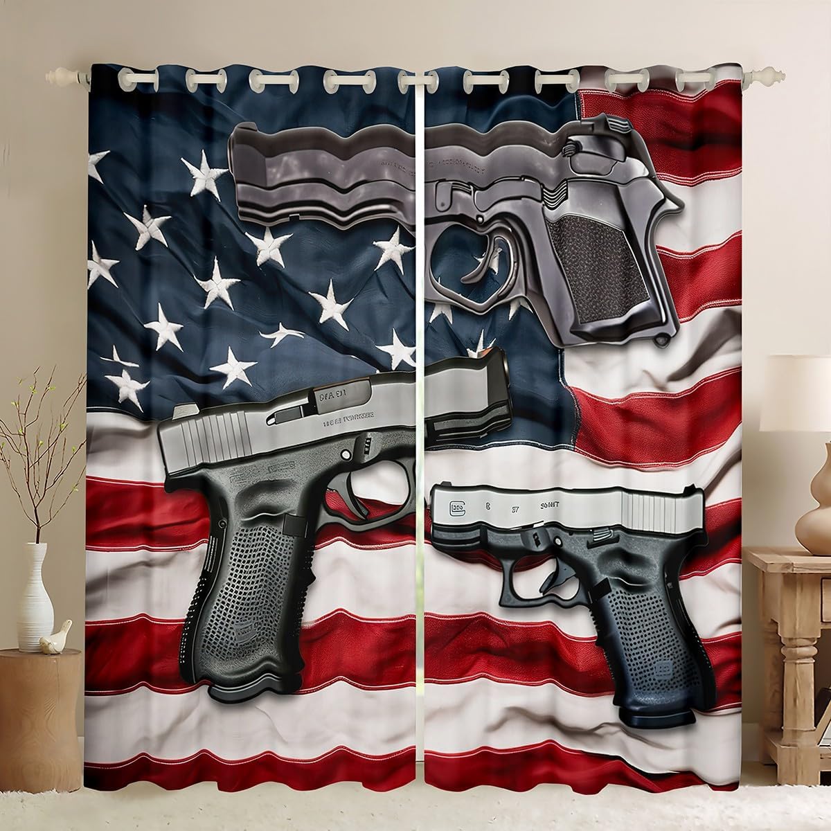 Feelyou Gun Pattern Blackout Curtains(30%-50%) War Theme Darkening Window Dreapes Army Rifle Machine Gun Curtain for Bedroom Adults Military Themed Window Treatments Decor (2 Panels， 38 x 54 Inch)