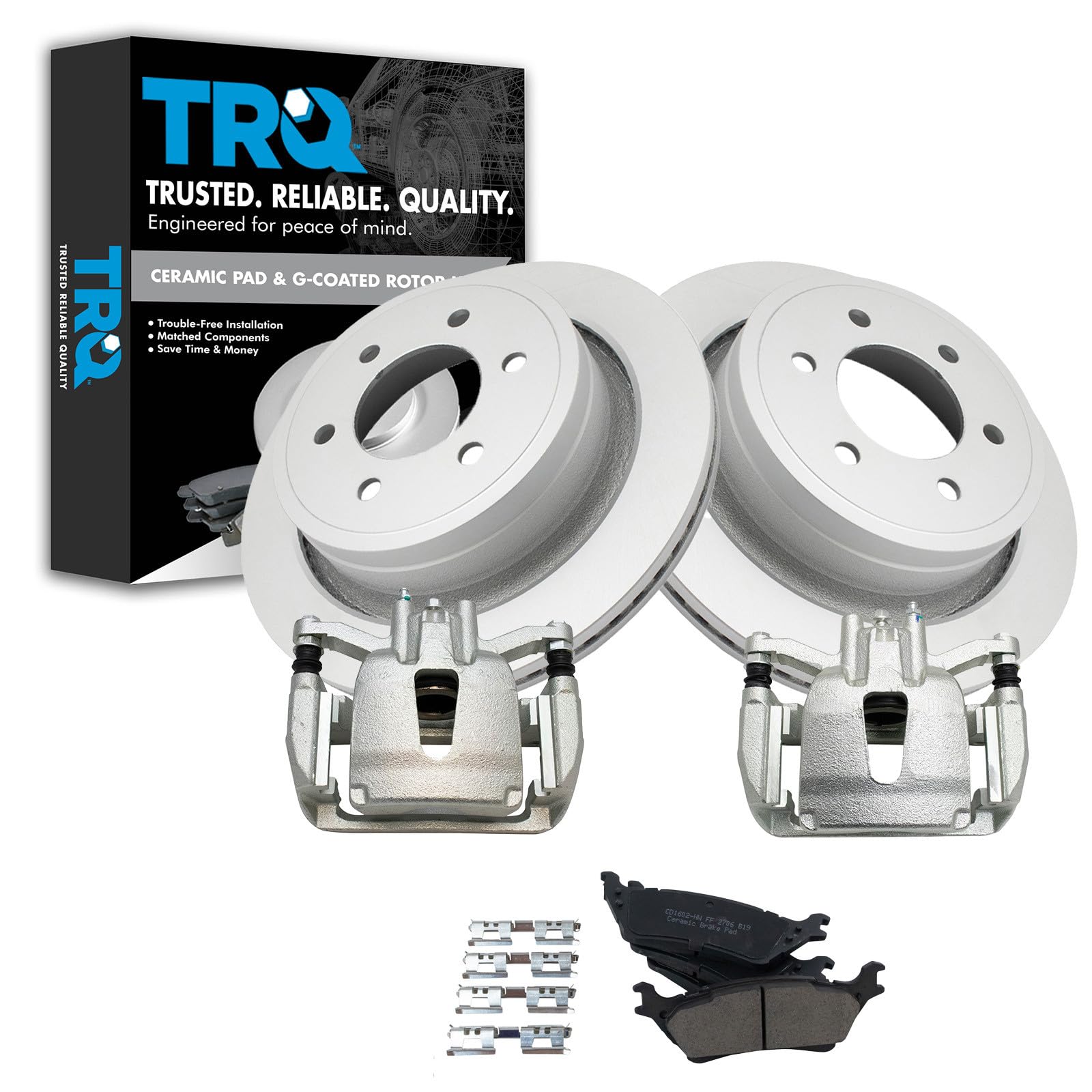 TRQ Rear Brake Pad, Caliper, &amp; Rotor Kit Ceramic Premium G-Coated Compatible with 2012-2016 Ford F-150