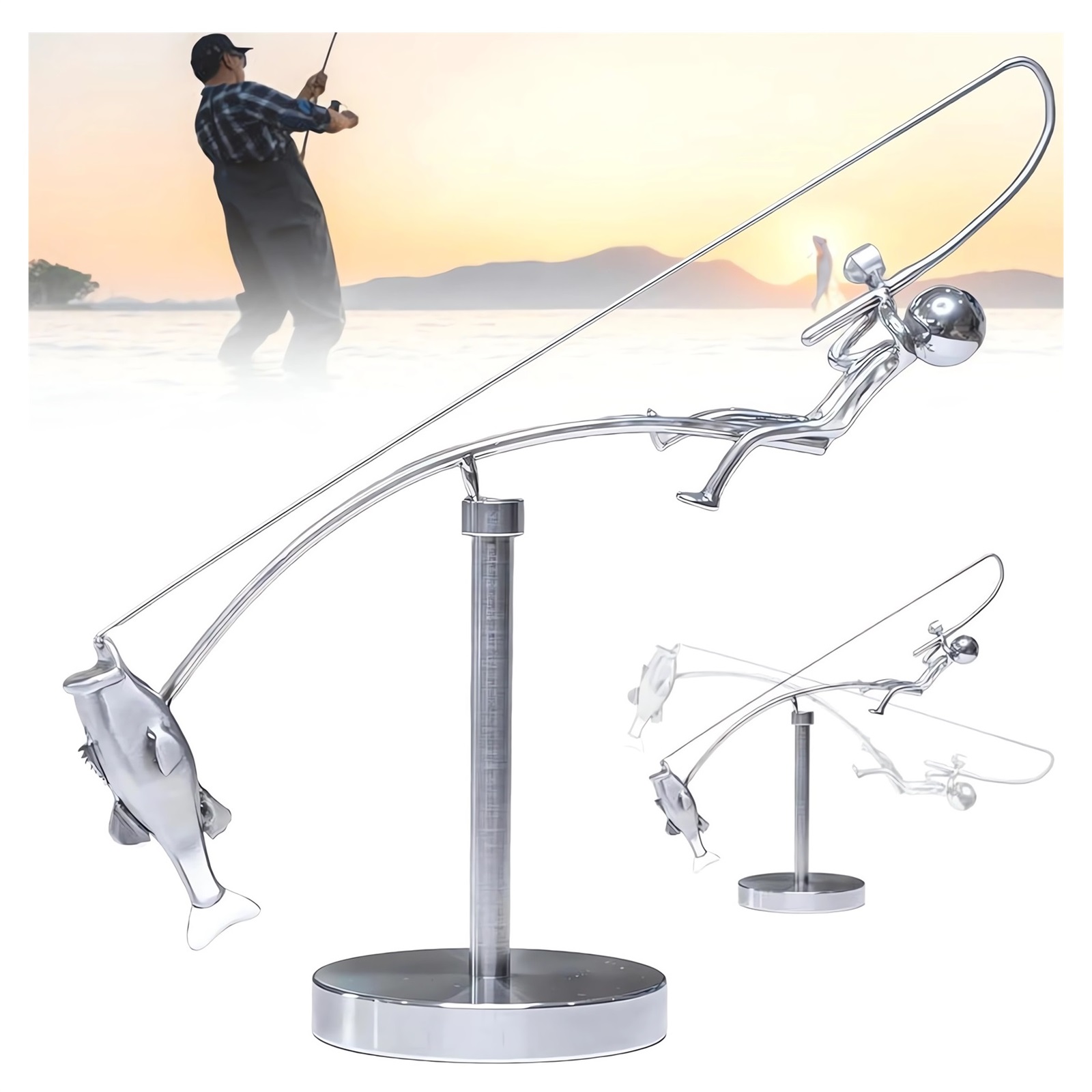 Eiusrr The Fisherman Balancing Sculpture – Stainless Steel Desktop, Interactive Fishing Desk Ornament, Home Office Decor, Stress Relief Gift For Men For Angler Lovers, Funny Desk Decoration (a