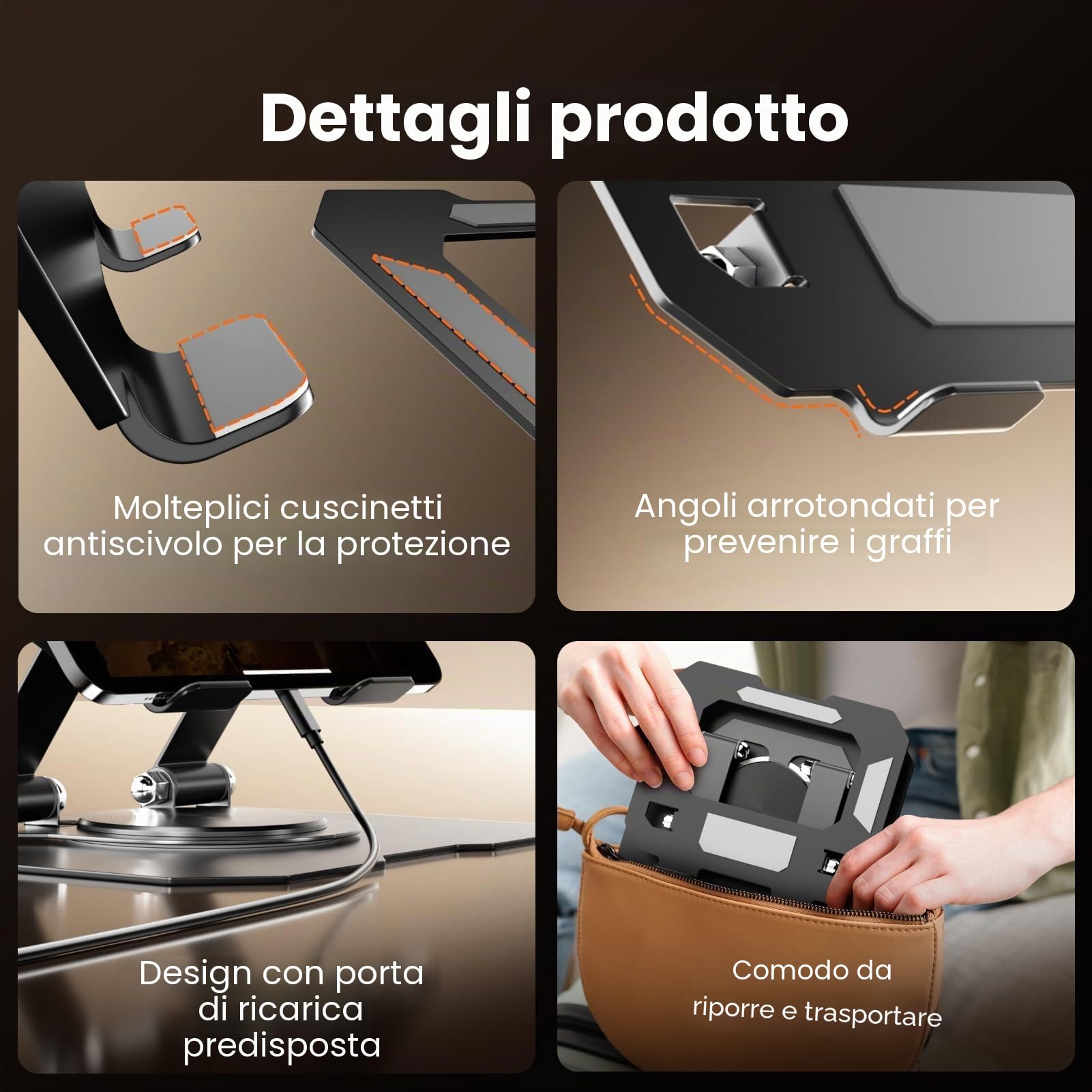 GlasFlength Supporto Tablet con Base Girevole 360°, Regolabile e Pieghevole per iPad iPhone Kindle 4-12,9'' Nero