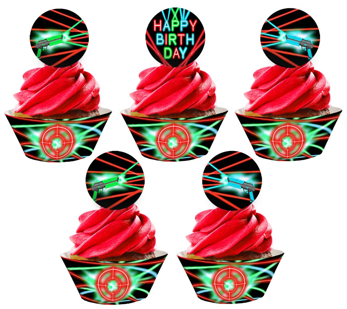 Laser Tag Cupcake Toppers and Wrappers - 48 Pieces - Laser Tag Party Supplies - Laser Tag Party Decorations - Cupcake