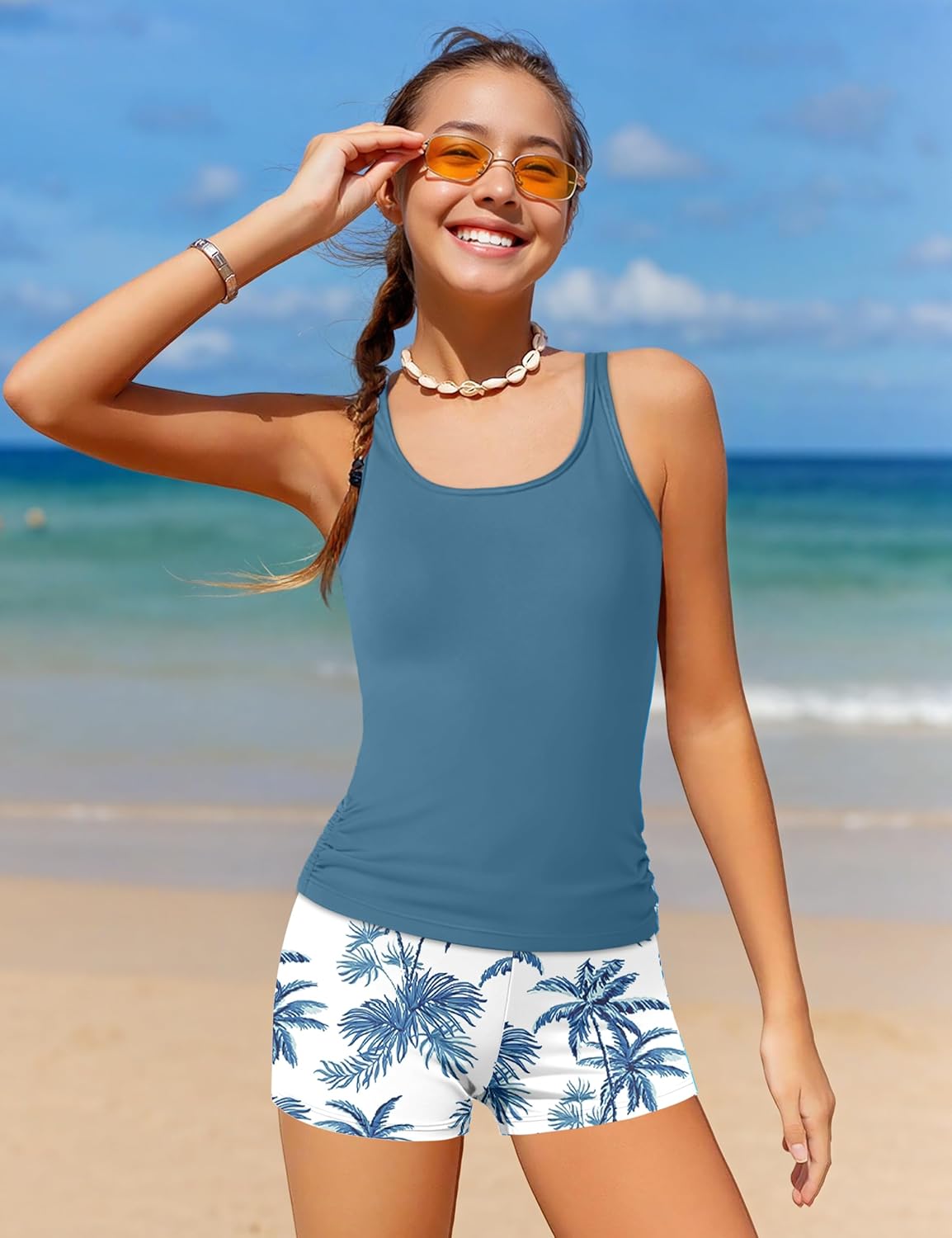 Girls Swimsuit Two Piece Girls Tankini Swimsuit with Tropical Printed Shorts Adjustable Bathing Suit Swimwear 7-18T - Image 2