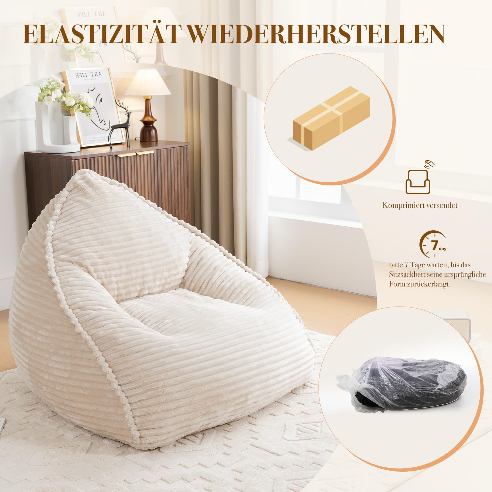 Vamcheer Sitzsack Erwachsene mit Hocker XXL Beige Bean Bag Chair Flauschiger Flanellstoff