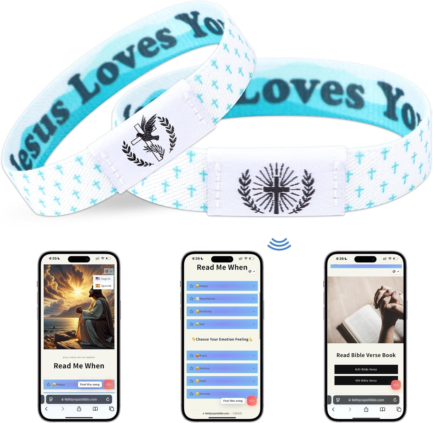 2Pcs Daily Bible Verse Bracelets,NFC Jesus Christian Cross Wristband, Inspirational Faith Spiritual Religious Gift