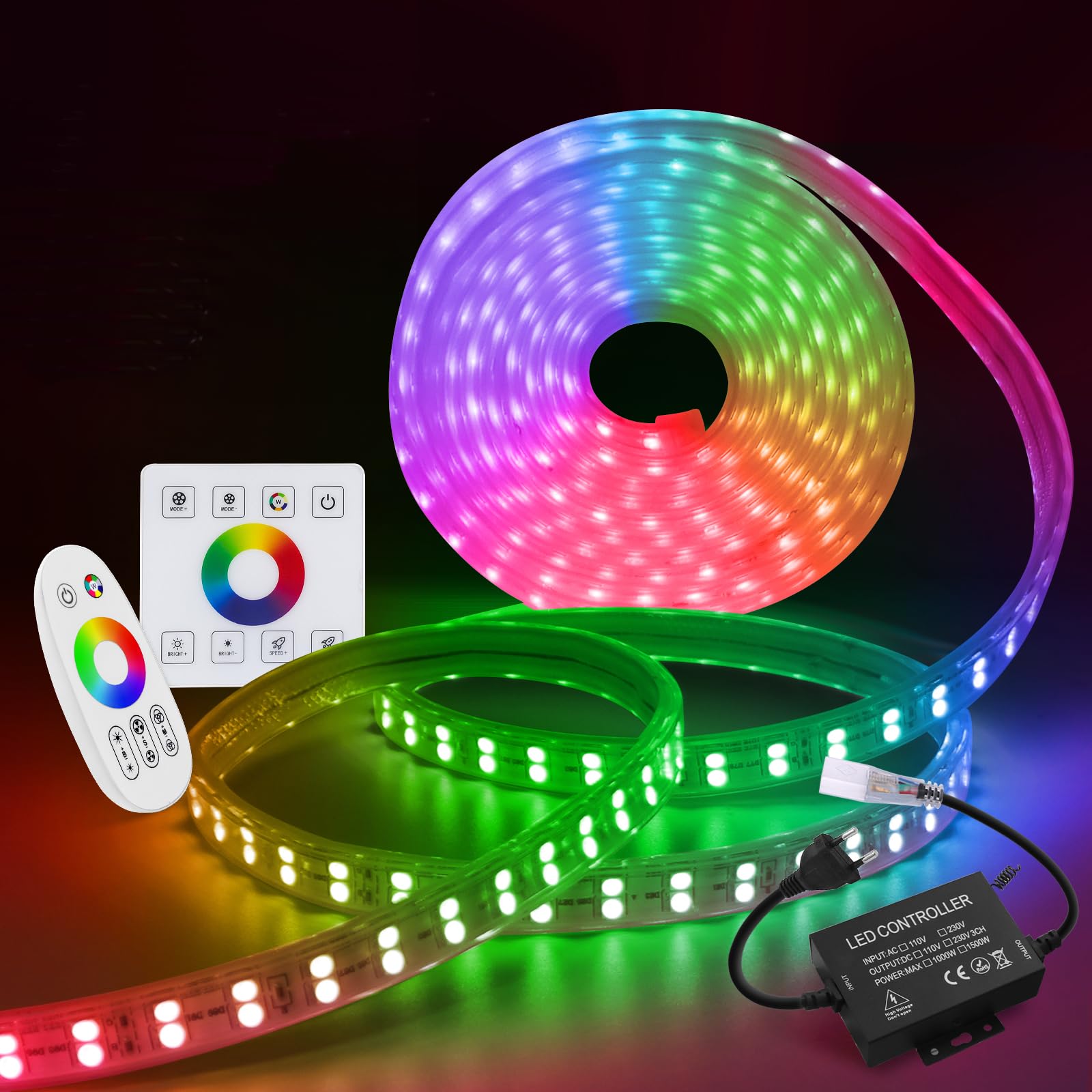 Ruban LED RGB 220V 5050 120leds/m Dimmable flexible IP67 Étanche Multicolore LED Bande Avec 1500W Panneau tactile de télécommande tactile pour Chambre,Bar,Intérieur/Extérieur