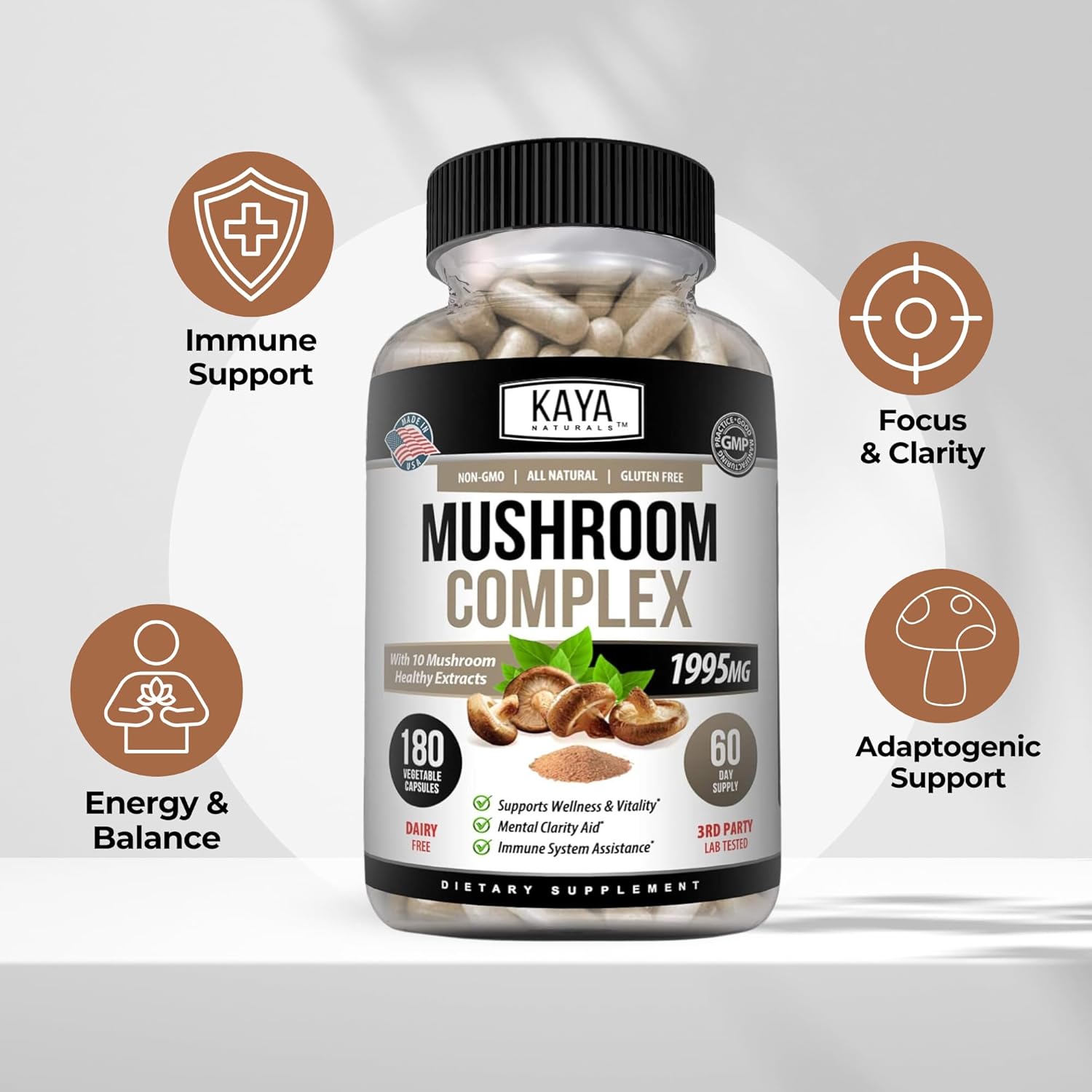 Kaya Naturals Premium Mushroom Complex Potent - Mushroom Supplement - Mushroom Complex Capsules 1995mg Per Serving - Aids Mental Clarity Supports Immune System, Wellness & Vitality - 180 Count