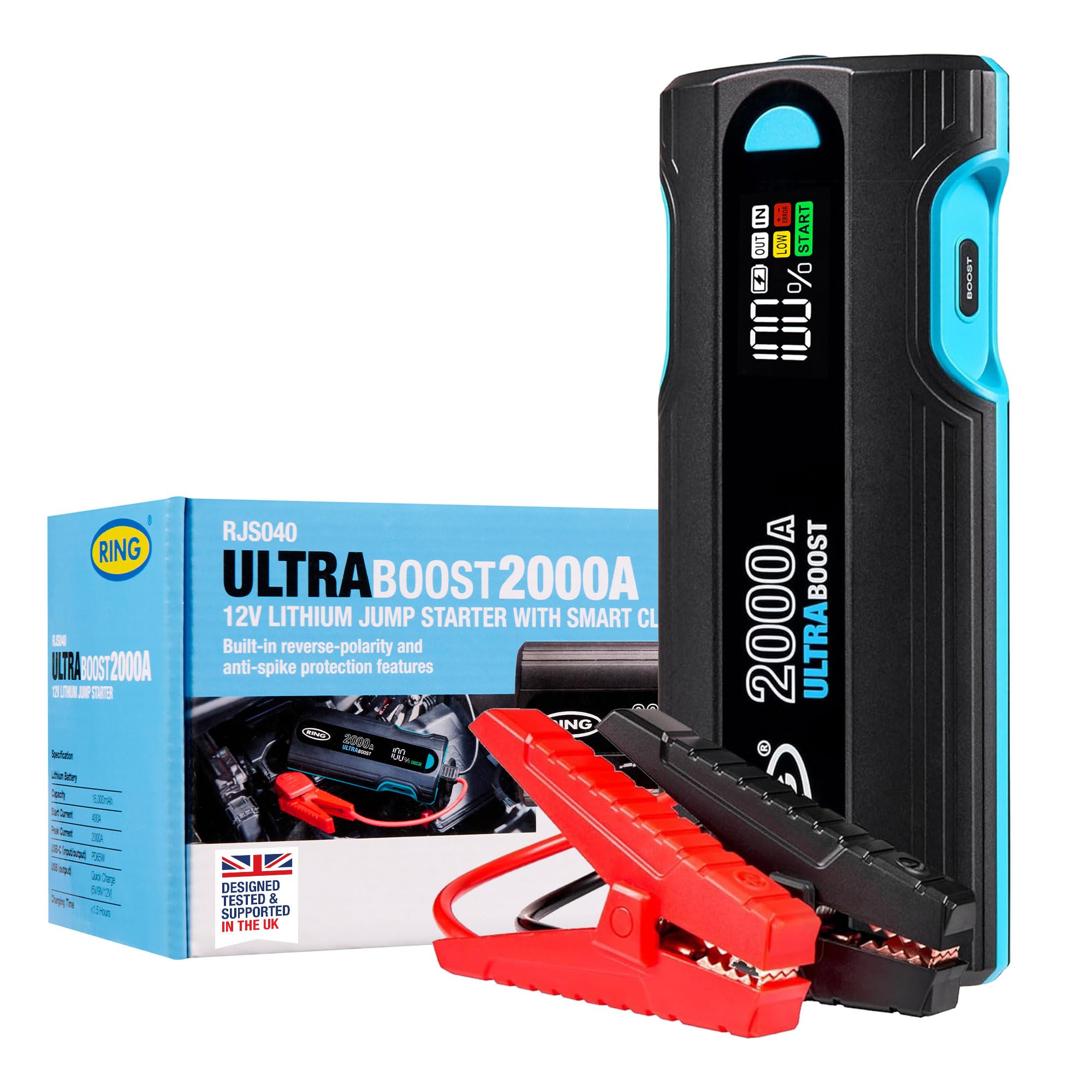 RING ULTRABOOST 2000A Car Battery Jump Starter Power Pack - Safely Starts Up to 8 Litre Petrol and 4 Litre Diesel Engines - Battery Booster with Jump Leads, Rapid Charger for devices and LED torch