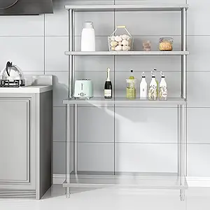 Garvee 12"x48" Stainless Steel Overshelf for Prep & Work Table, 360Lb Capacity Commercial 2 Tier Worktable Shelf, Adjustable Double Overshelf for Restaurant, Kitchen, Garage, Workshop