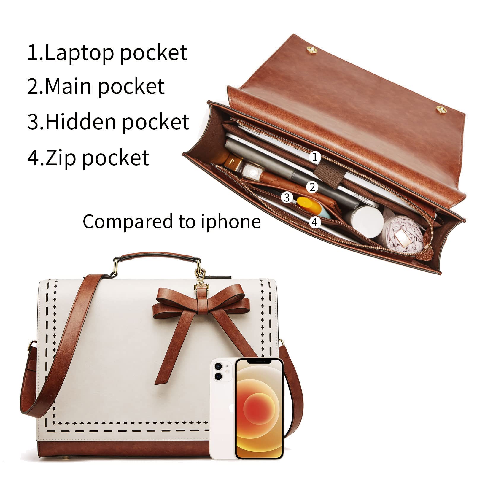 Telena Leather Briefcase for Women Waterproof Laptop Tote Bag 14 inch Shoulder Large Capacity Work Beige with Brown