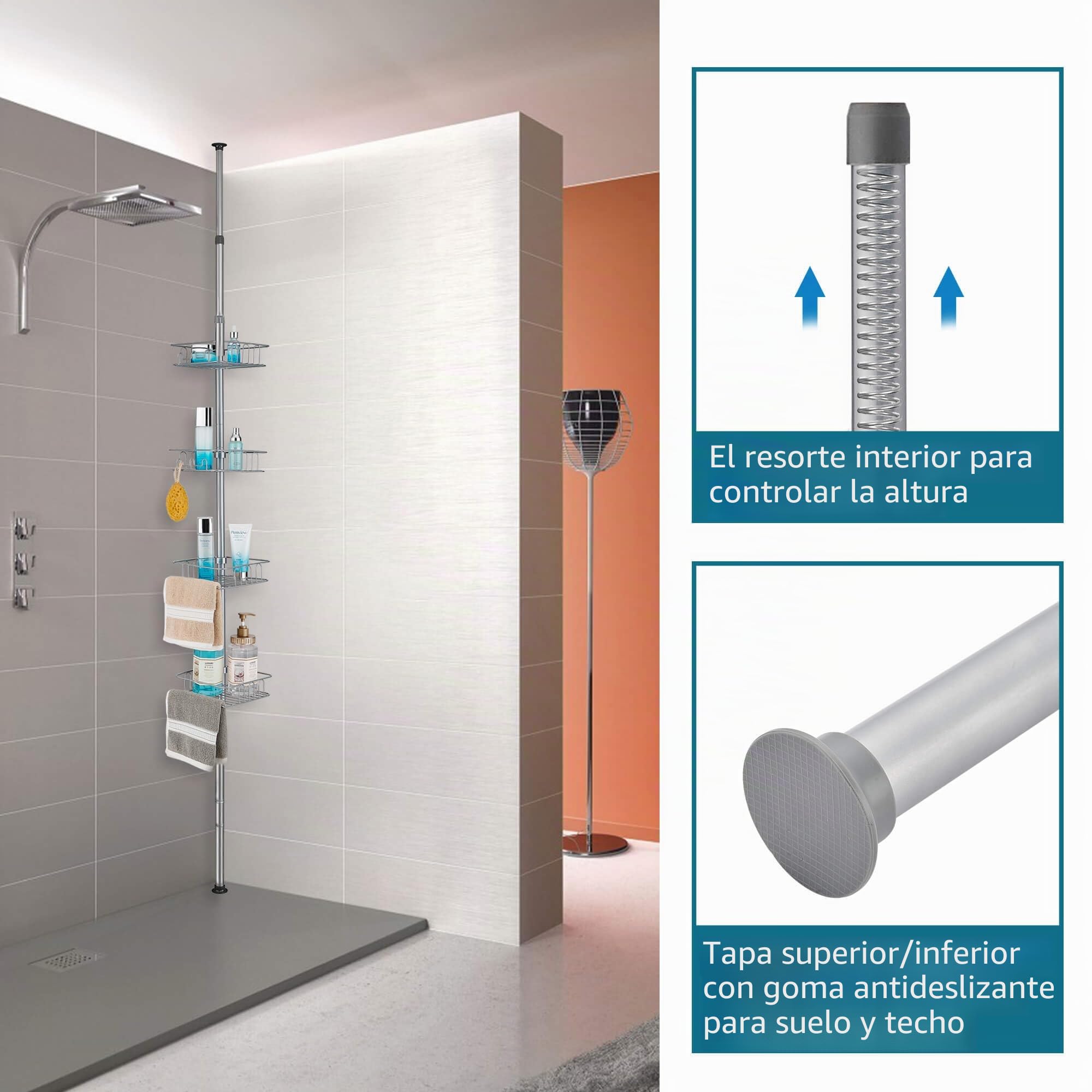 Telescopica Estanteria Ducha sin Taladro, Estantería Baño Acero Inoxidable con 4 Cestas, Esquina Estante Ducha para Bañera y Baño Altura Ajustable 73-302cm, Plateado