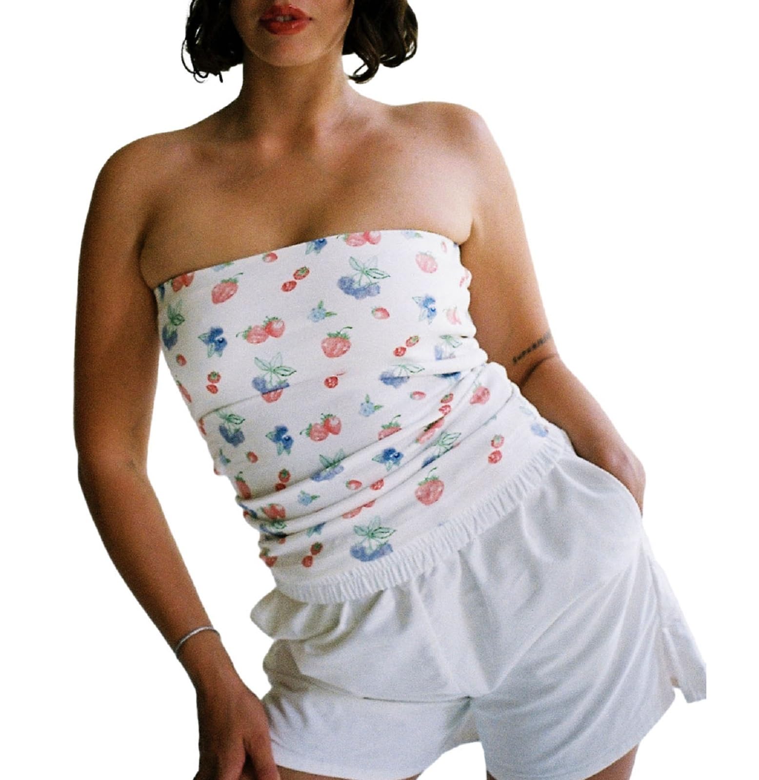 CazifferWomen’s Y2k Flroal Tube Top Fruit Print Strapless Off Shoulder Bandeau Cropped Tops Going Out Crop Top