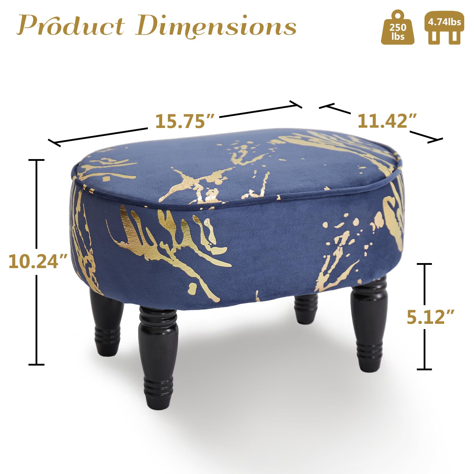 Leesingdo Small Footstool, Modern Velvet Ottoman Foot Rest with Padded Seat, Vintage Solid Wood Foot Stool Legs with Non-Slip Pads, Foot Rest for Living Room, Bedroom, Couch, Entryway, Blue