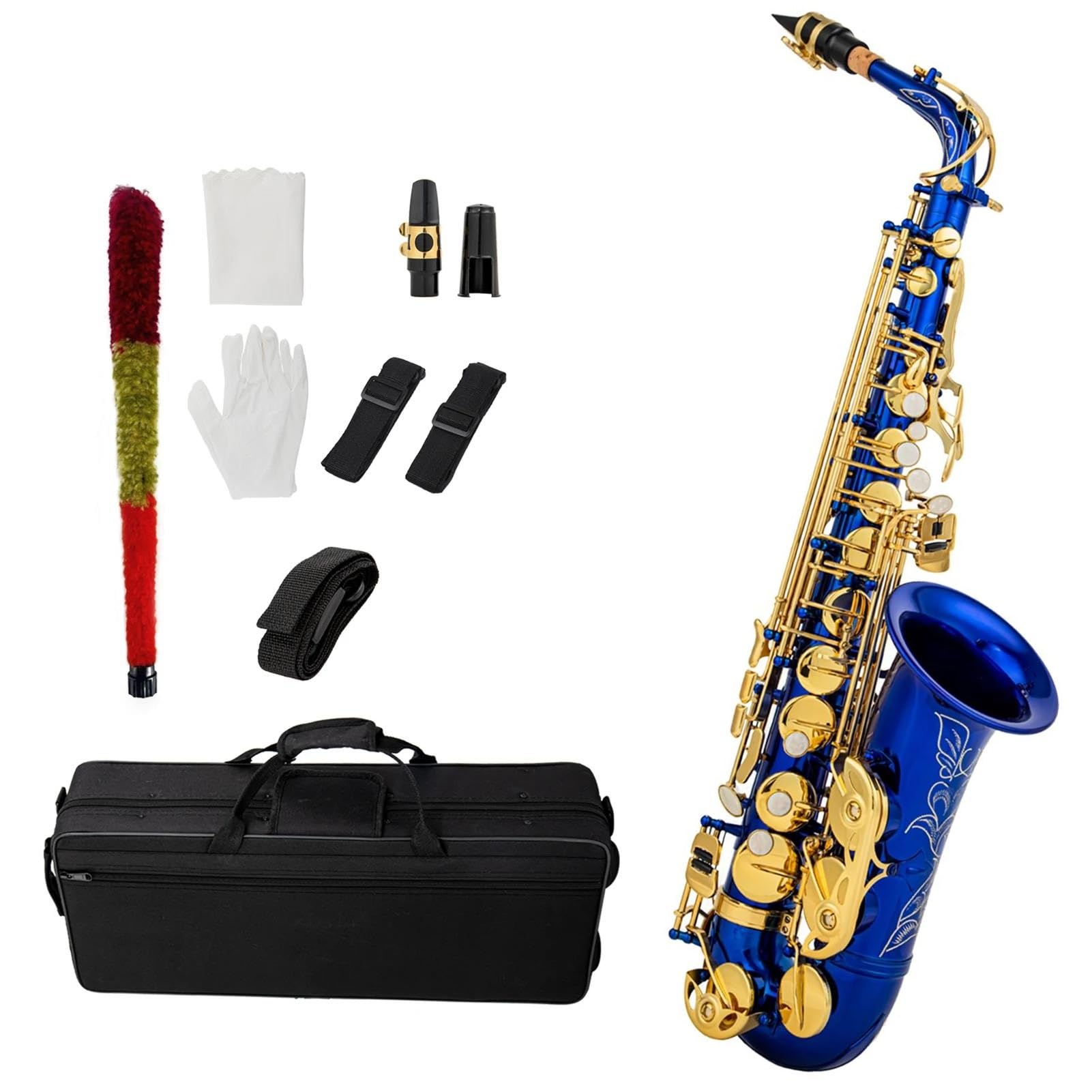 Saksofon Studencki Profesjonalny Saksofon Eb Saksofon Altowy Mosiądz E Płaski Saksofon Drewniany Instrument Dęty Z Pudełkiem (Color : Blue Gold)
