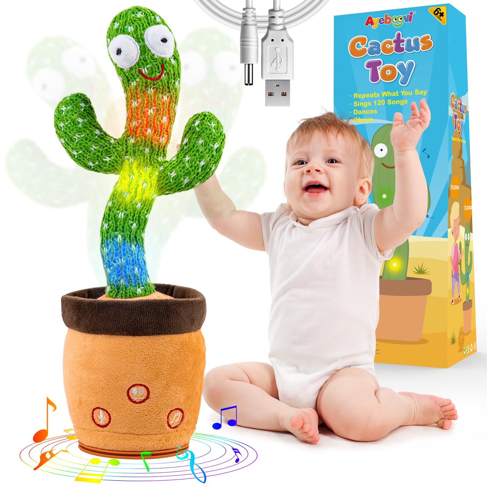 Rechargeable Dancing Talking Cactus Toy for Baby Toddler, Singing Mimicking Recording Repeating with 120 Songs, tummy time toys for Girls Boys, Birthday or Chirstmas Gifts, Stocking Stuffers for Kids