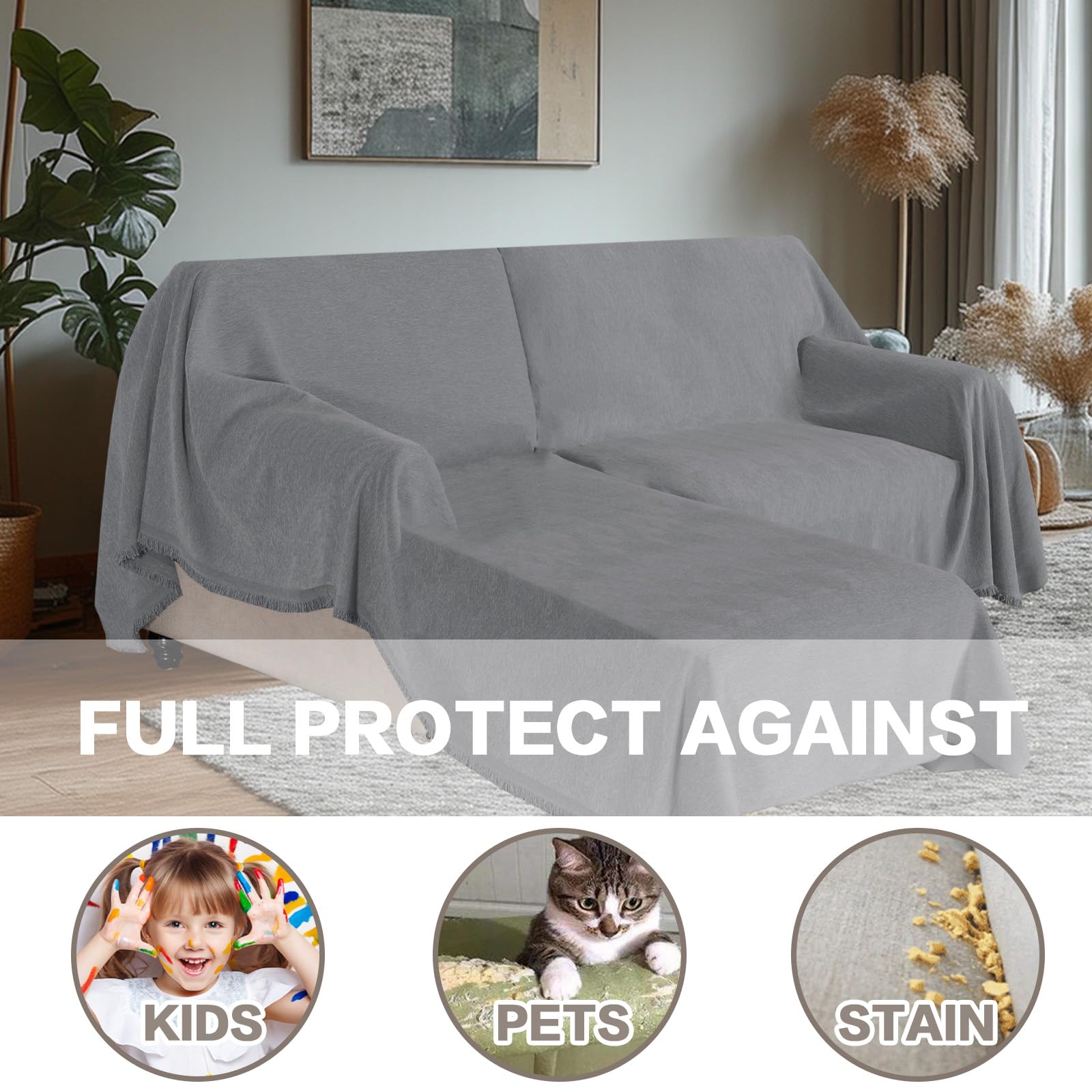 BellaHills Ciniglia Copridivano 2 Posti con Penisola Ciniglia, Nuovo Fodera per Divano Antiscivolo Antimacchia, Telo Copridivano con Braccioli Graffi Gatto (Grigio, 180230 cm x 180279 cm)