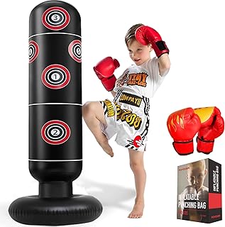 FOYOCER Punching Bag Kids with Boxing Gloves 160cm Inflatable Boxing Bag for Kids 3-12 Fun and Safe Exercise Toy for Home Play for Boys & Girls BPA-free 2024 New