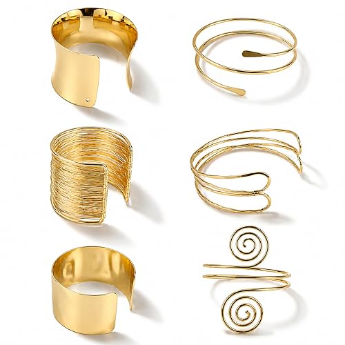 KICOSY 6PCS Gold Bangles Cuffs for Women, Boho Adjustbale Gold Accessories | Chunky Gold Bangles and Arm Cuffs for Prom, Beach, Costumes Party