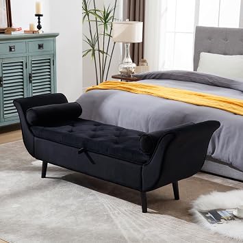 65 Black Velvet Storage Bench for Bedroom End of Bed Couch, King Size Tufted Upholstered Ottoman Benches with Rolled Arms and Seating, Modern Long Bench with 2 Pillows for Living Room Entryway