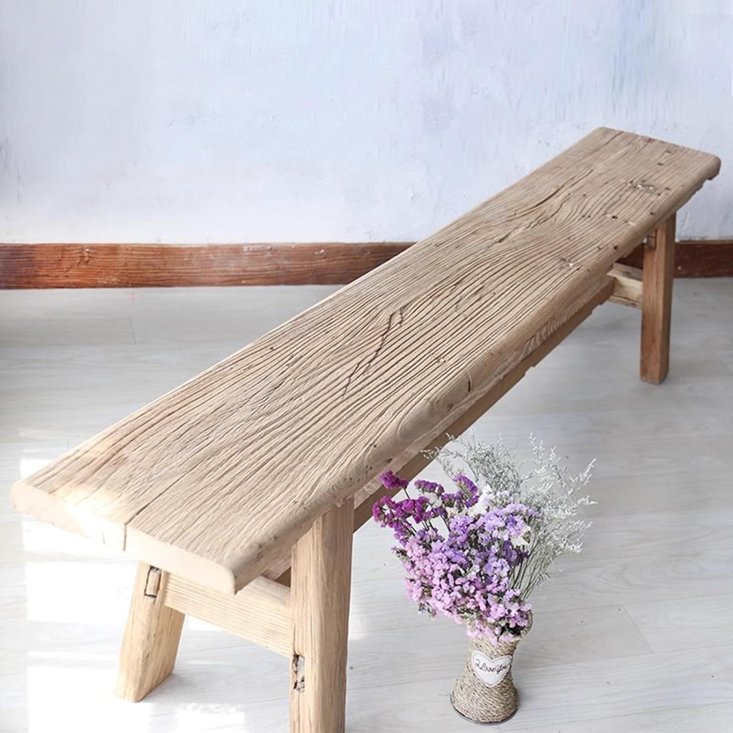 Farmhouse Indoor Wooden Living Room Dining Bench, Rustic Natural Wood Kitchen Entryway Bench with Armless Design and Skinny Low Bench, Solid Wood Shoe Bench Seating Benches(150CM/59IN)