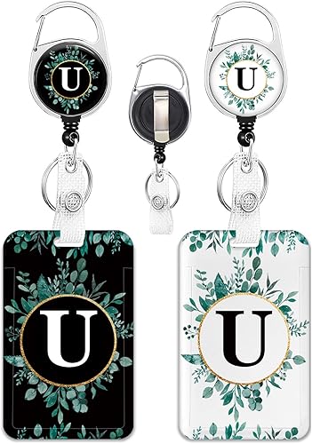Miniatura 1 de Paquete de 2 portatarjetas con carrete retráctil, monograma con nombre y letra U, protector de tarjeta vertical personalizado resistente para útero,