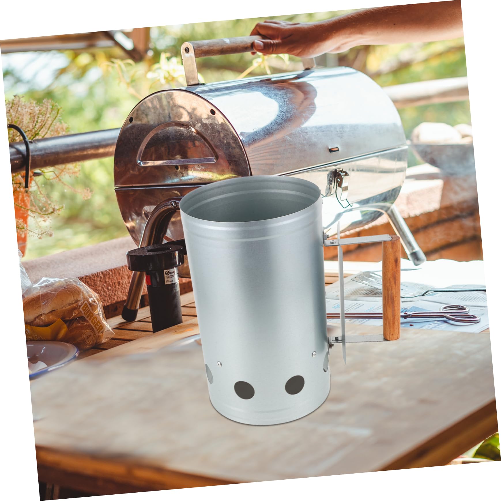 Accenditore Carbone Barbecue in Acciaio Inox con Manico in Legno | Argento, Design Portatile e Leggero, per Picnic e Grigliate All'aperto