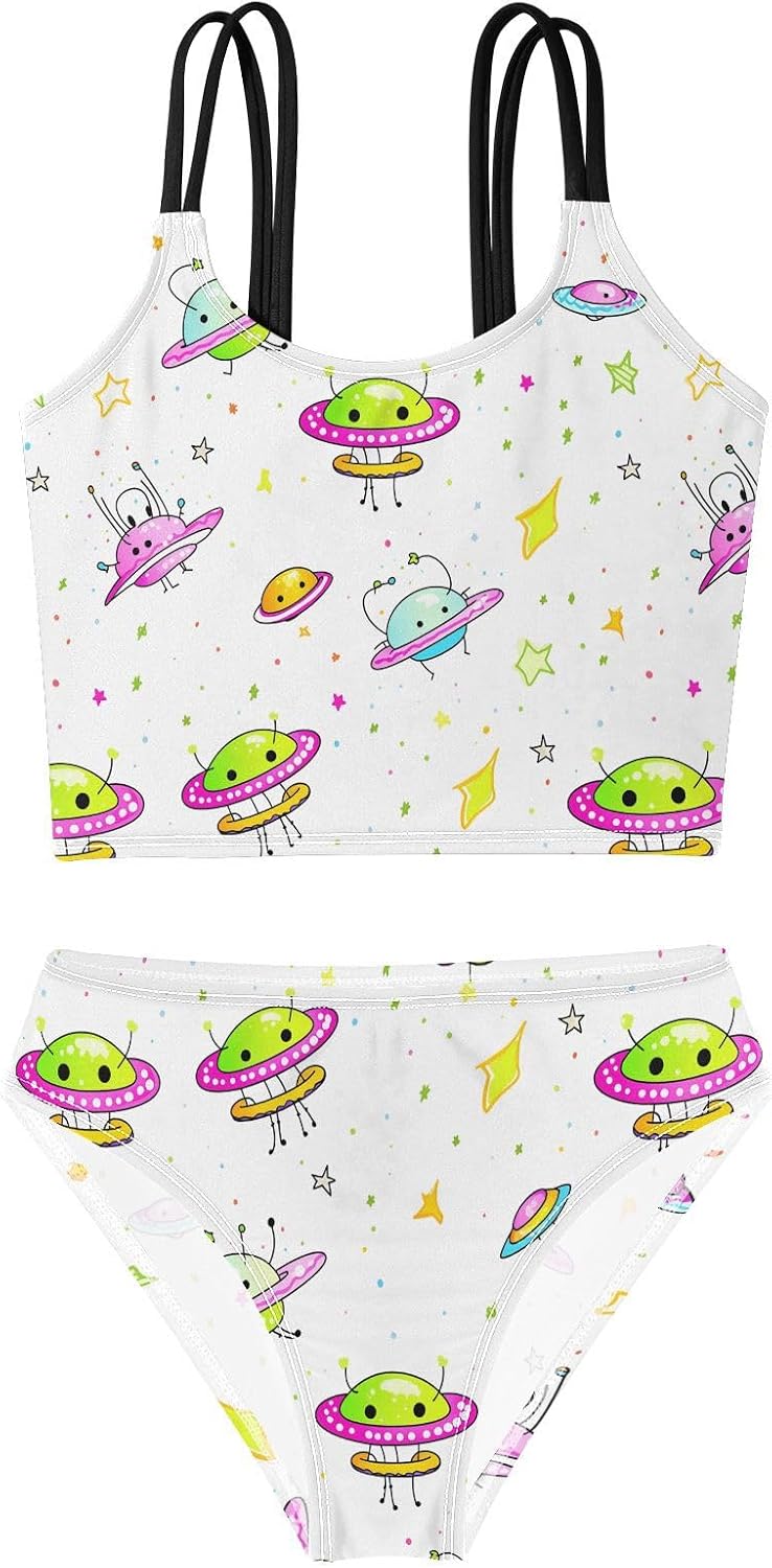 visesunny Girls Two Piece Swimsuits Sketch Star Alien Pattern Girl's Bikini Sets Bathing Suits for Girls Size 5-12Y