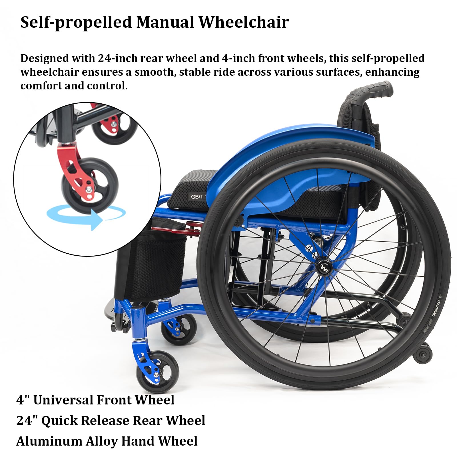 Carrozzina Pieghevole in Alluminio,Sedia a Rotelle Leggera,Manuale, Poggiapiedi Pieghevole,Cintura di Sicurezza, per disabil(38cm/14.9in Seat,Blue)