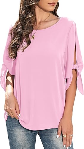 Miniatura 5 de Jouica Blusa de gasa de manga corta para mujer, estilo casual, con nudo, holgada, para verano