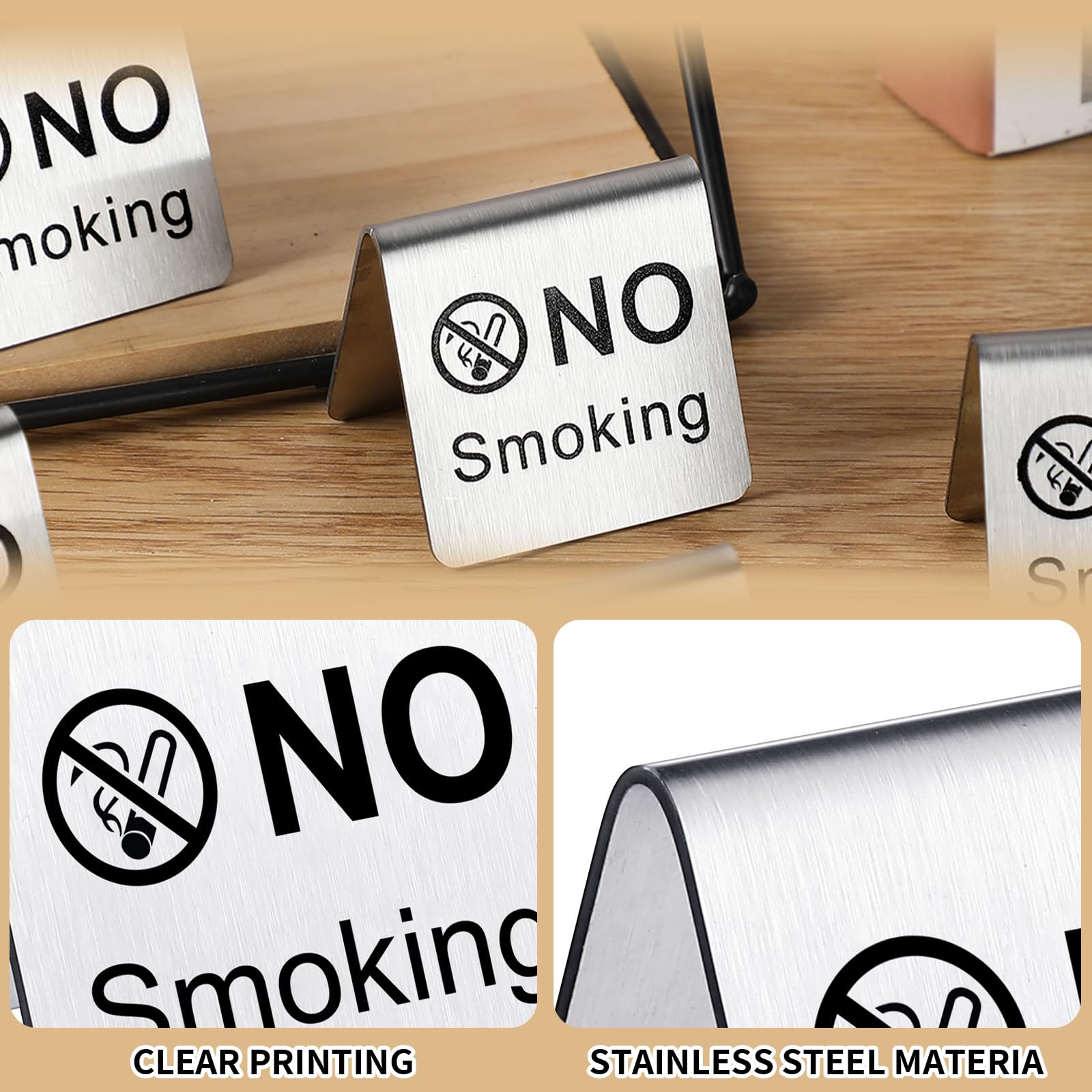 Silver No Smoking Table Tent Signs - Set Of 6 | Stainless Steel Restaurant Table Signs For Food Service