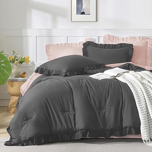 Miniatura 113 de Andency Juego de edredón beige tamaño King, 3 piezas estilo farmhouse shabby chic con volantes, ligero esponjoso suave de microfibra para todas