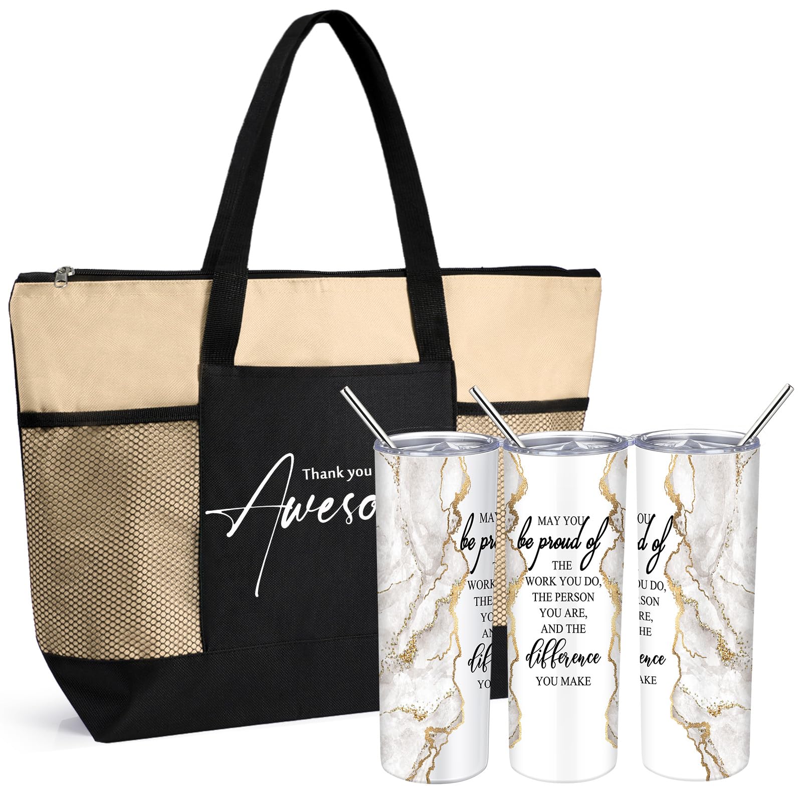 Buryeah 2 Pcs Thank You Gift for Coworker May You Be Proud 20 oz Marble Tumbler with Large Tote Bag Employee Appreciation Gift for Valentines Women