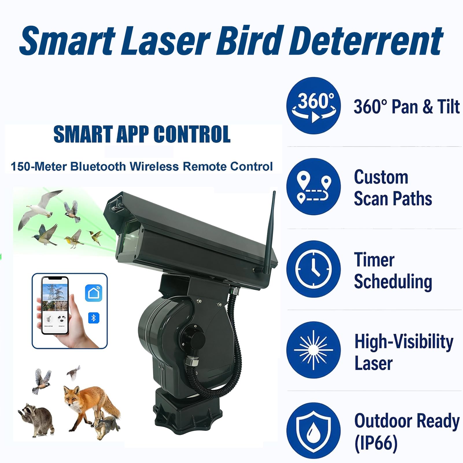 Dispositivo Láser para Ahuyentar Pájaros, Espantapájaros Láser Automático, IP66 Impermeable y Control por App – para Frutales, Granjas y Aeropuertos, para Palomas y Estorninos