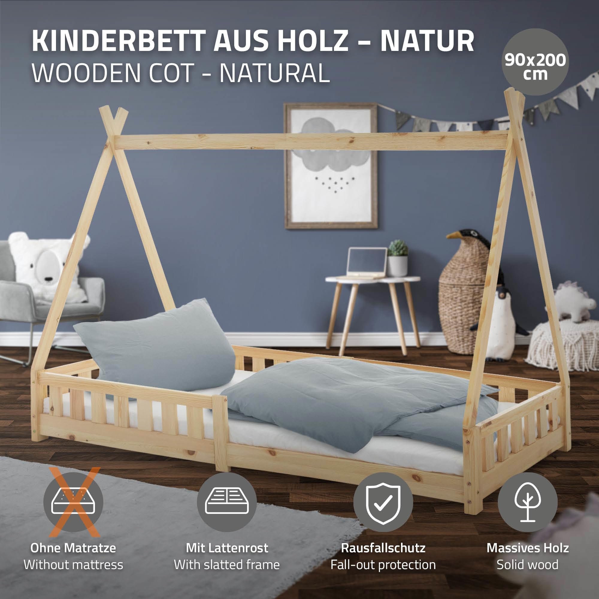 ML-Design Lit d'enfants Tipi 90x200 cm Naturel avec Protection Antichutes et Sommier à Lattes, Bois de Pin, Style Indien pour Filles/Garçons, d'Intérieur avec Clôture, Maison d'enfant Tente de Jeu