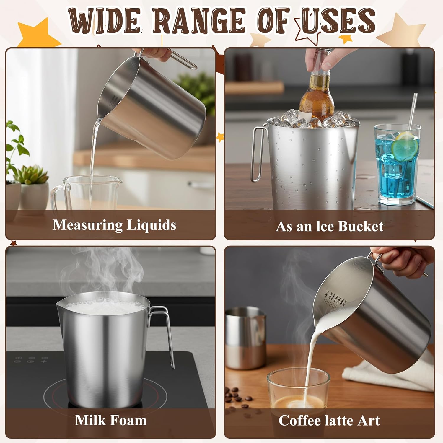 304 Stainless Steel Pitcher with Lid, 70 oz / 2L Measuring Cup with Marking and Handle, Large Mouth Graduated Beakers, Metal Milk Frothing Jug for Iced Tea, Espresso Machine, Hot & Cold Water