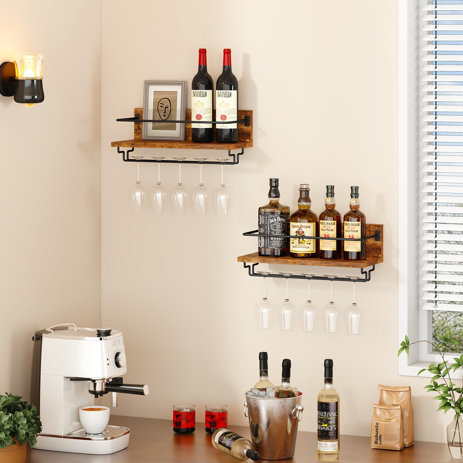 IBUYKE Portabottiglie da Parete,Porta Vino in Legno,Set da 2,Porta Calici da Parete,Multifunzione Mensola Parete per Cucina, Sala da Pranzo, Bar, Marrone Rustico TMJ910H