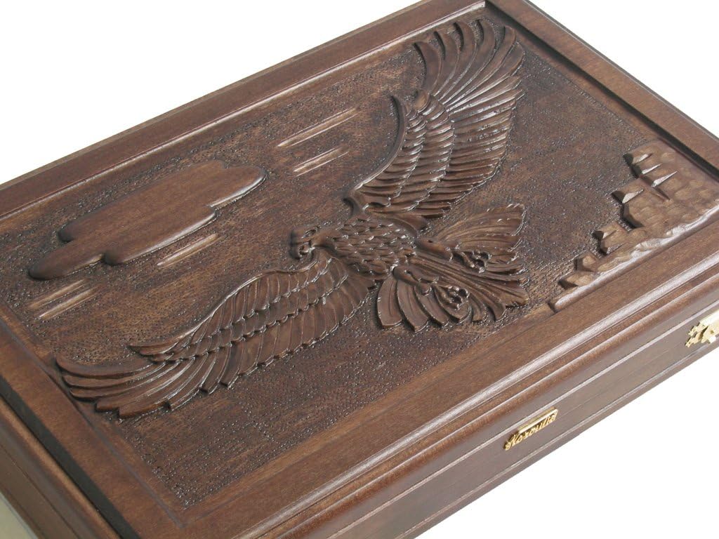 Maple Backgammon Set with Racks - (Hand-Carved Eagle Cover) - Large 19" Wood Case