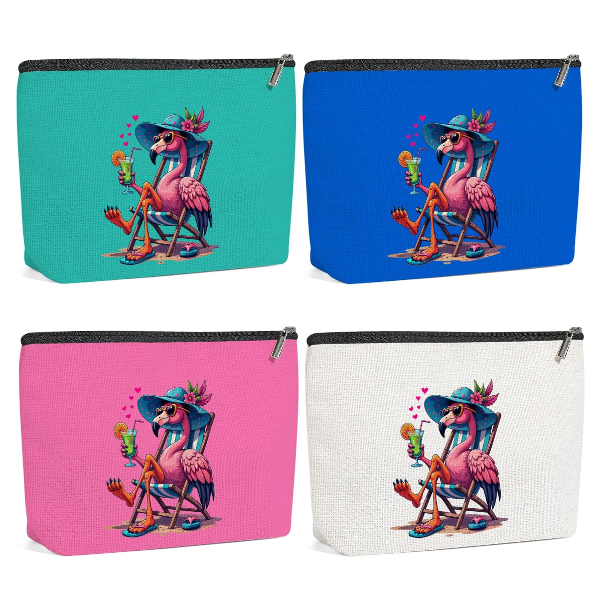 4 Pack Beach Summer Whimsical Bird Flamingo Gifts Makeup Bag, Travel Essentials Cosmetic Bags for Women Teacher Sister Girl Trip, Travel Toiletry Bag