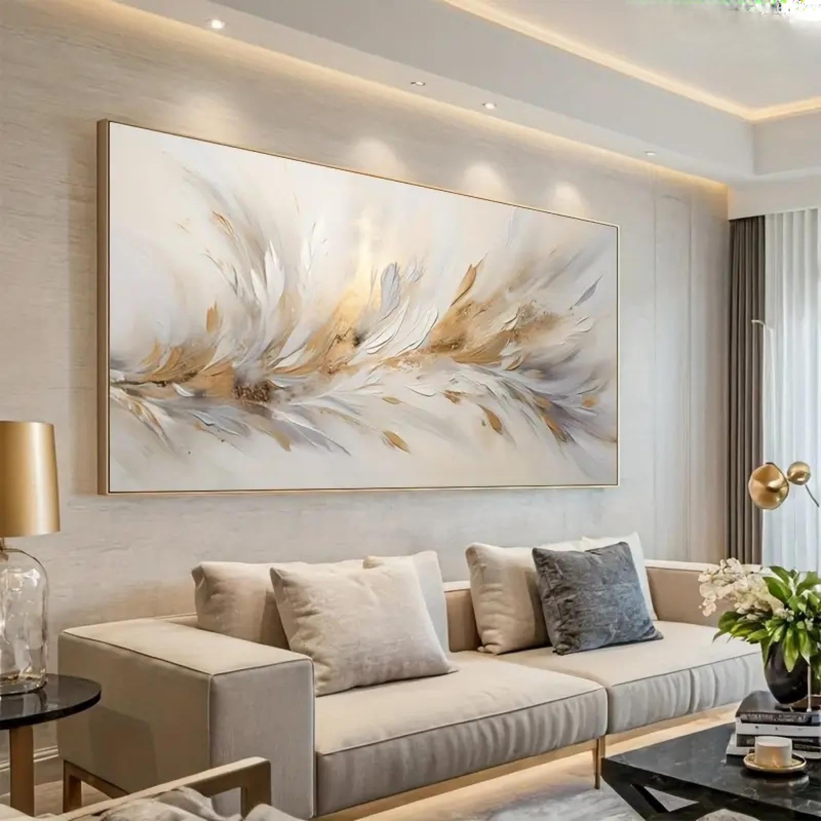 ZHAOLIN Grande toile murale élégante et moderne avec plumes grises dorées abstraites - Peinture contemporaine pour salon, chambre à coucher, 70 x 140 cm, sans cadre