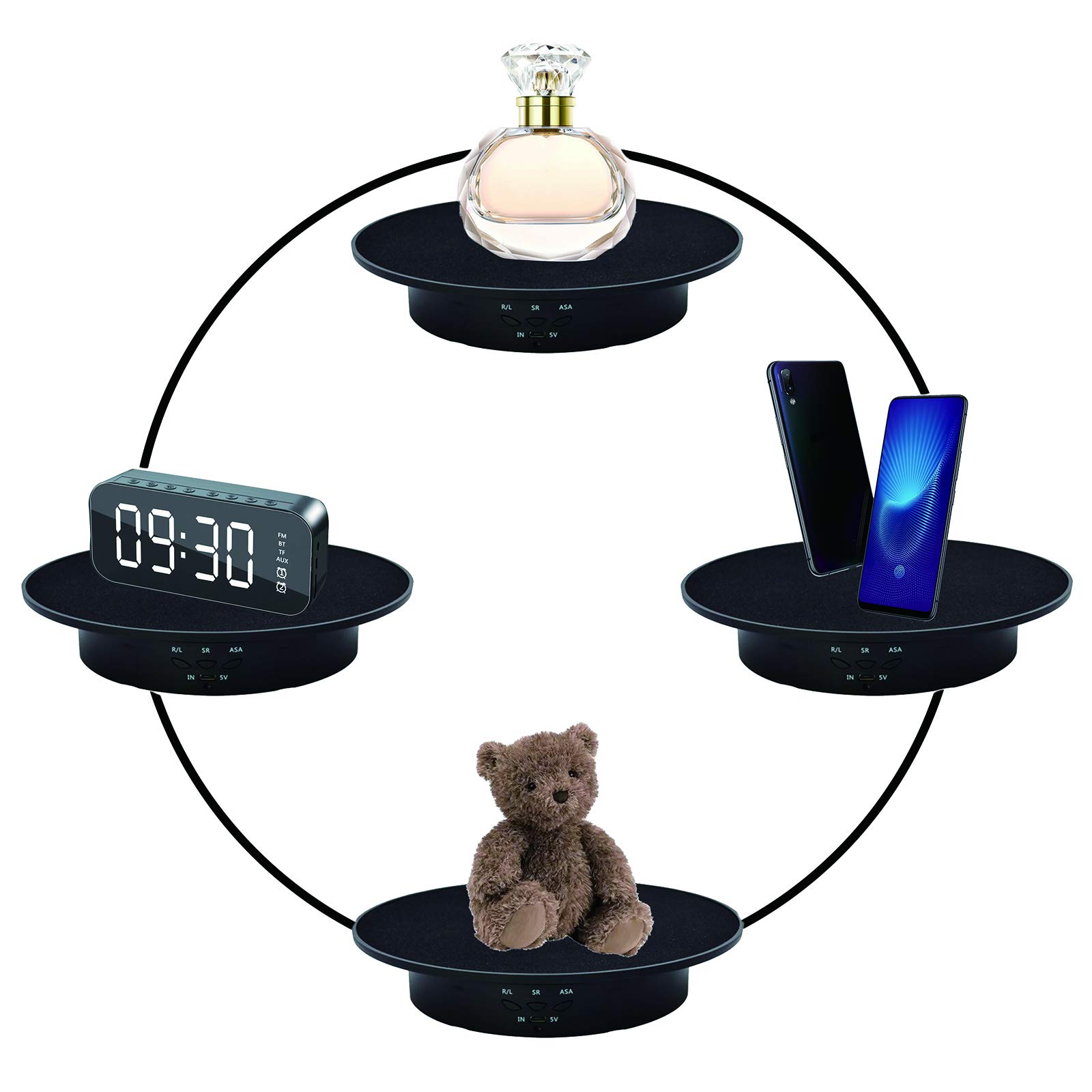 Plateau Tournant Electrique, Présentoir Motorisé pour 90-180-360 Degrés, PréSentoir Rotatif Electrique, Charge 8kg, Diamètre 20cm, avec 5 Fonds en PVC