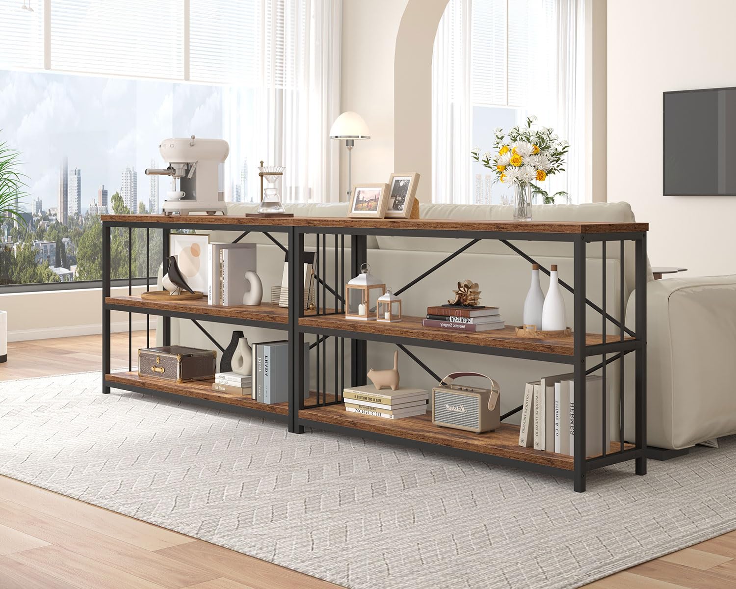 IBF Regal mit 3 Ebenen 120 cm Breit Bücherregal Holz und Metall Vintagebraun Offenes Standregal Industrielles Würfelregal Bücherschrank für Wohnzimmer Schlafzimmer Büro Küche 34 x 120 x 74 cm